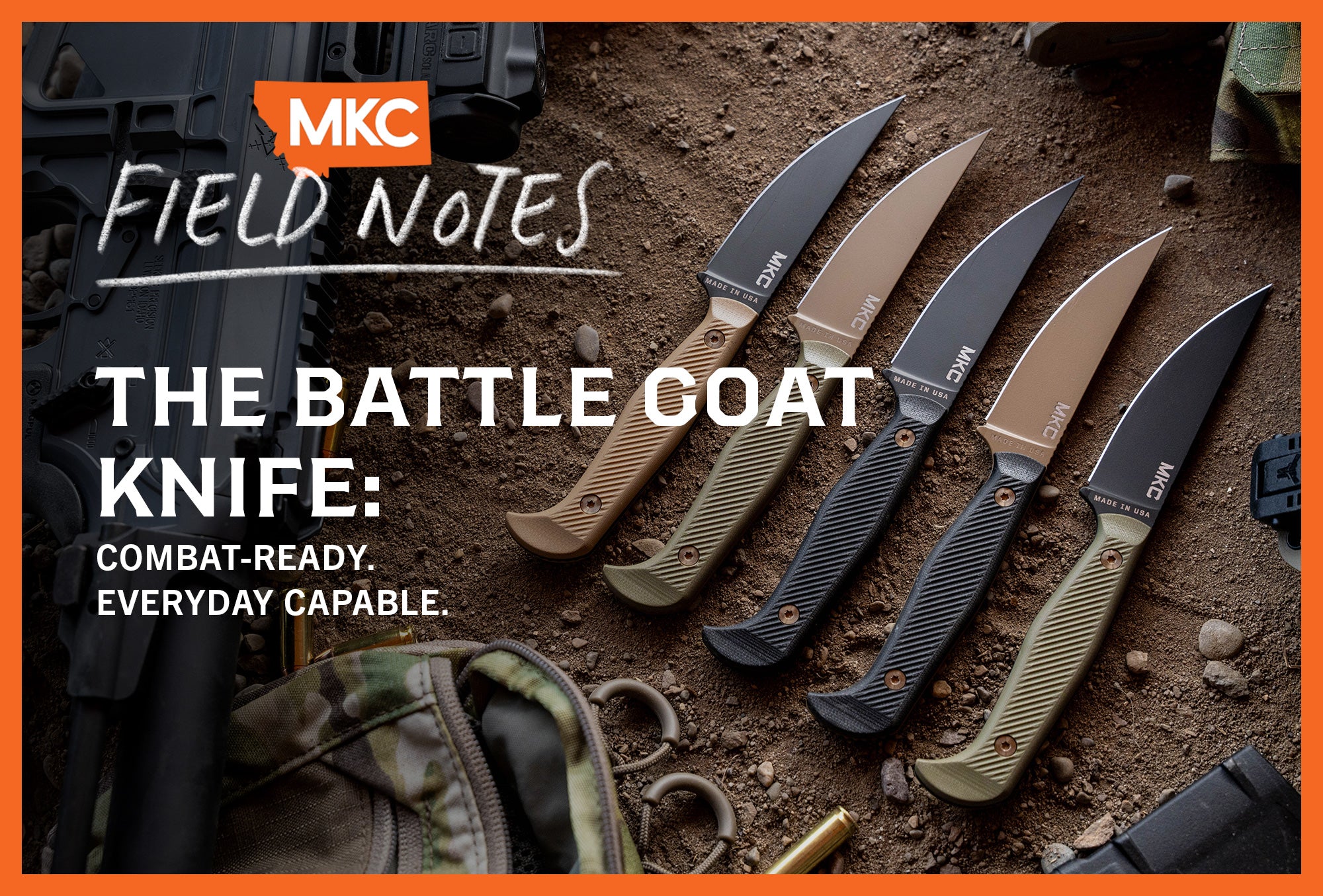 Five Battle Goat knives lie in a row on the dirt with the overlay: “The Battle Goat Knife: Combat-Ready. Everyday Capable.”