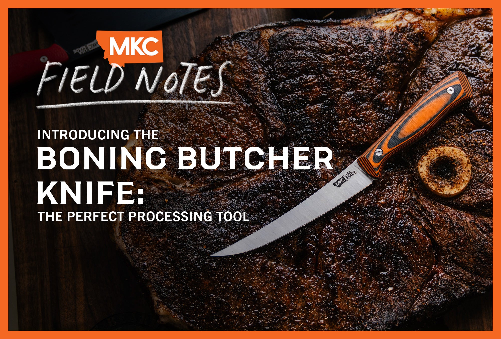 A new Boning Butcher Knife rests on a large, well-seasoned cut of meat.