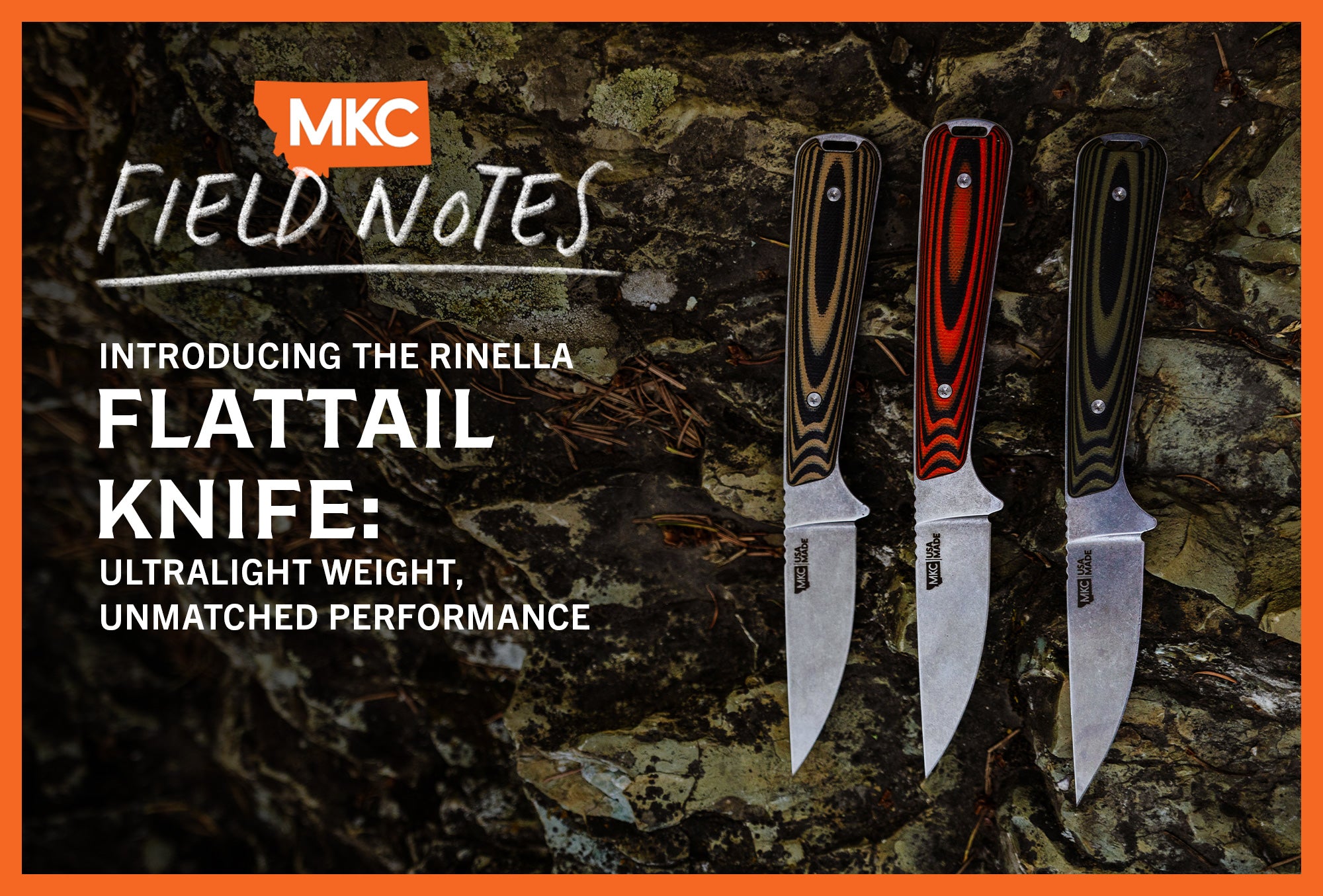 A top-down view of three variations of the Rinella Flattail knife, resting on a damp, mossy log.