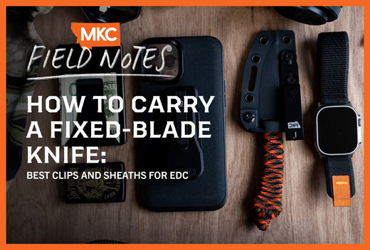 EDC knife carry options - fixed blade knife sheath, clips, and accessories on wooden surface