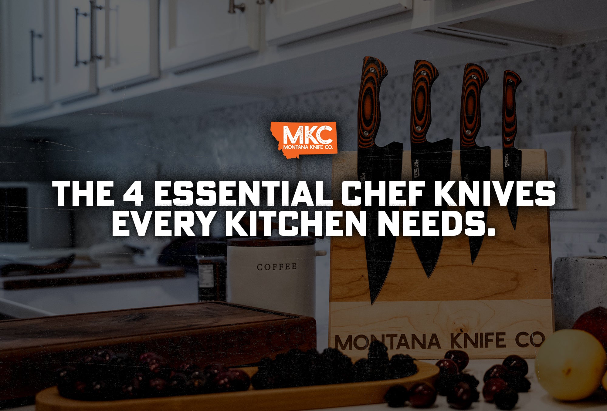 Four MKC knives are displayed with an overlay saying “The 4 Essential Chef Knives Every Kitchen Needs.”