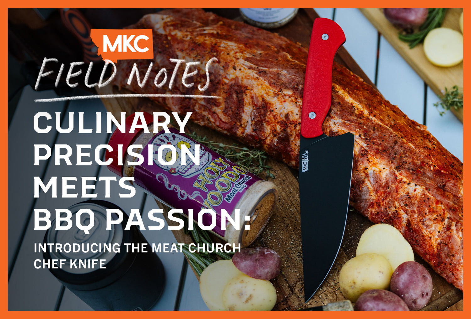 A new Meat Church knife with a red handle rests on a large slab of seasoned raw meat.