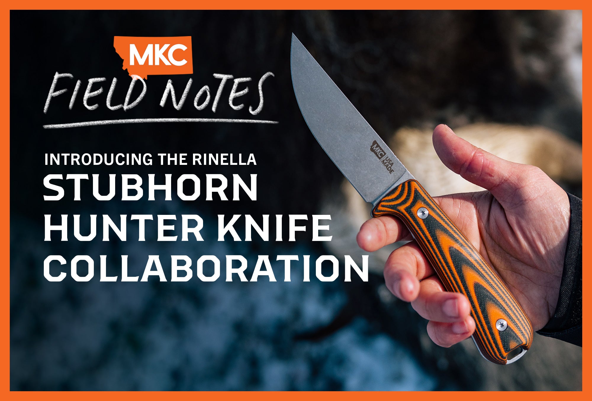 A close-up shot of someone holding the new Rinella Stubhorn knife collaboration.