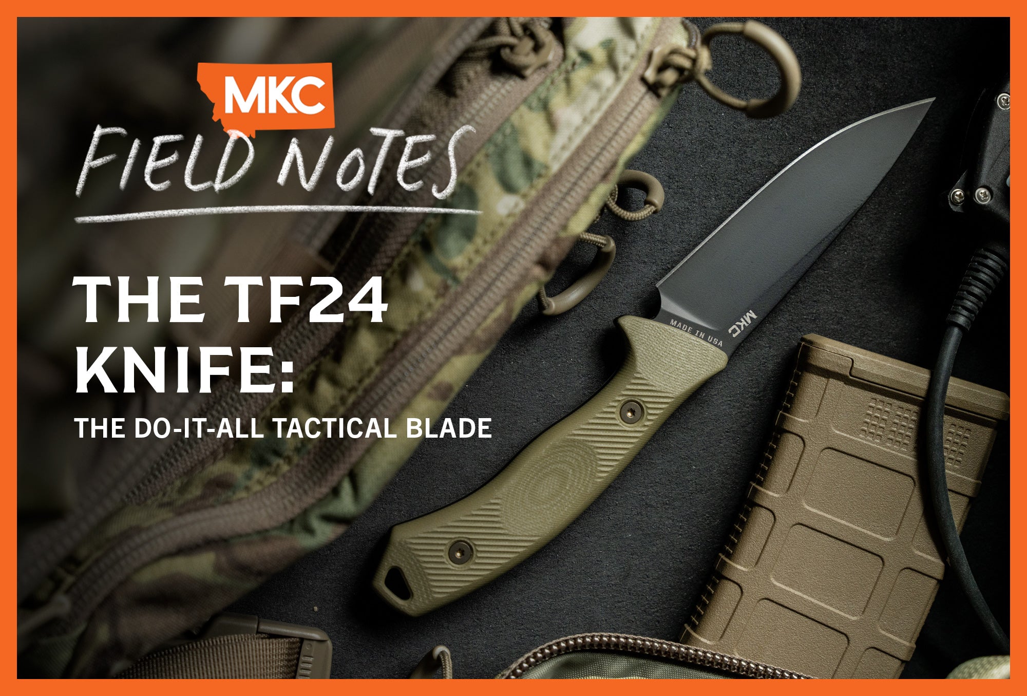 The TF24 Tactical Knife rests beside a camouflage bag with the overlay “The TF24 Knife: The Do-It-All Tactical Blade.”