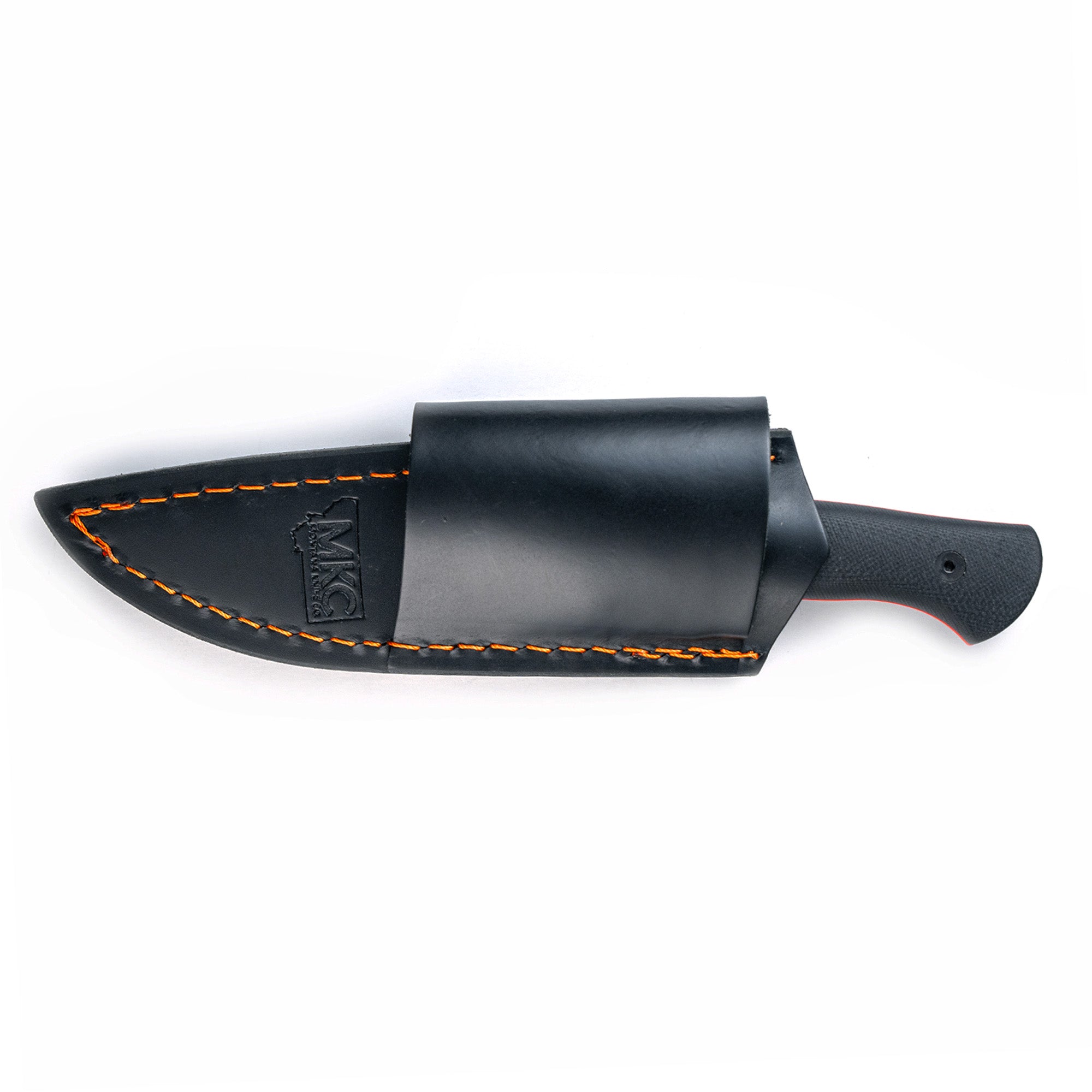 Black leather sheath for Blackfoot 2.0 knife featuring horizontal carry design with orange stitching and embossed logo.