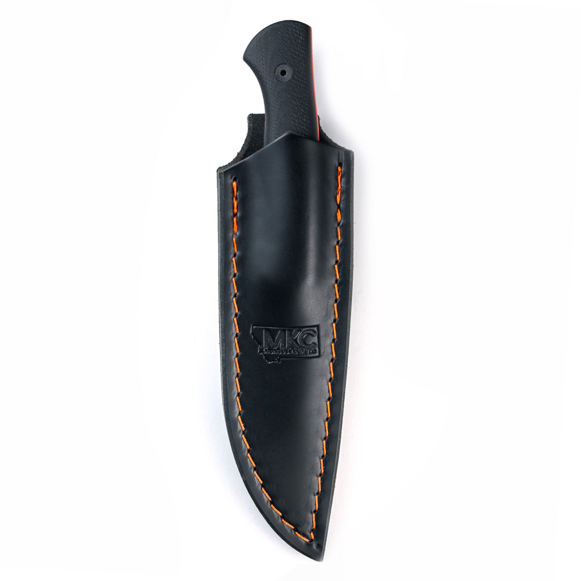 Black leather sheath for Blackfoot 2.0 knife featuring vertical carry design, orange stitching details, and embossed logo.