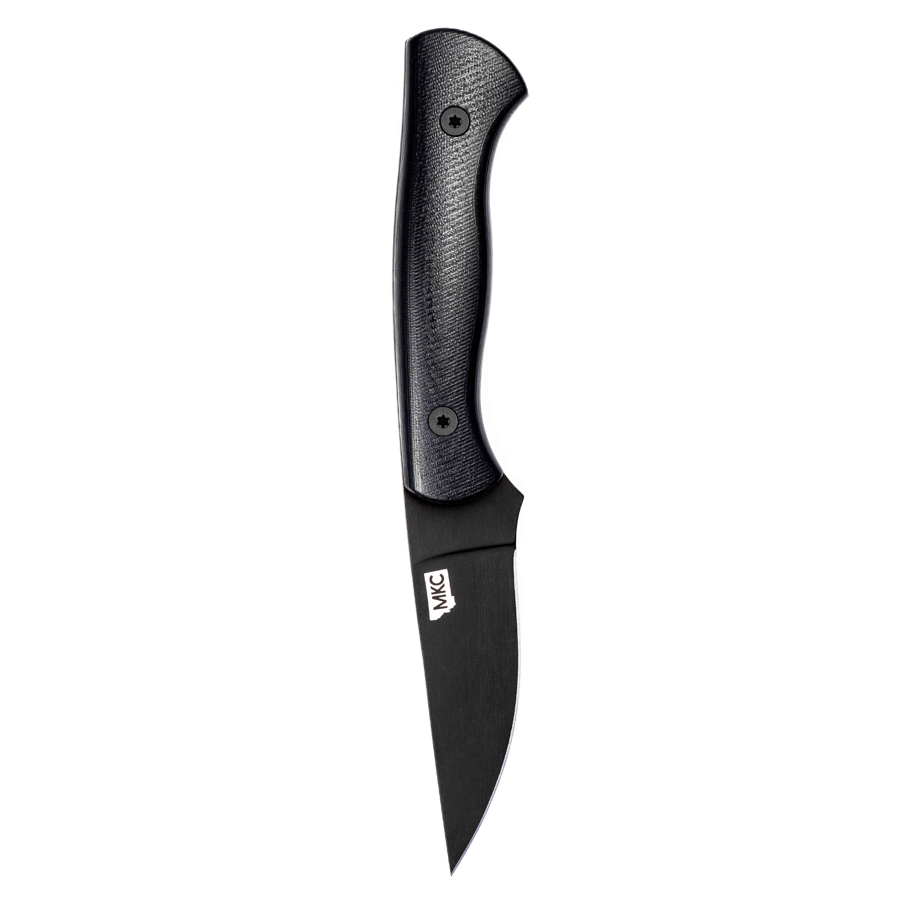 Alt text: "Blackfoot 2.0 tactical knife featuring a textured black handle and a matte black, straight-edged blade with MKC logo."