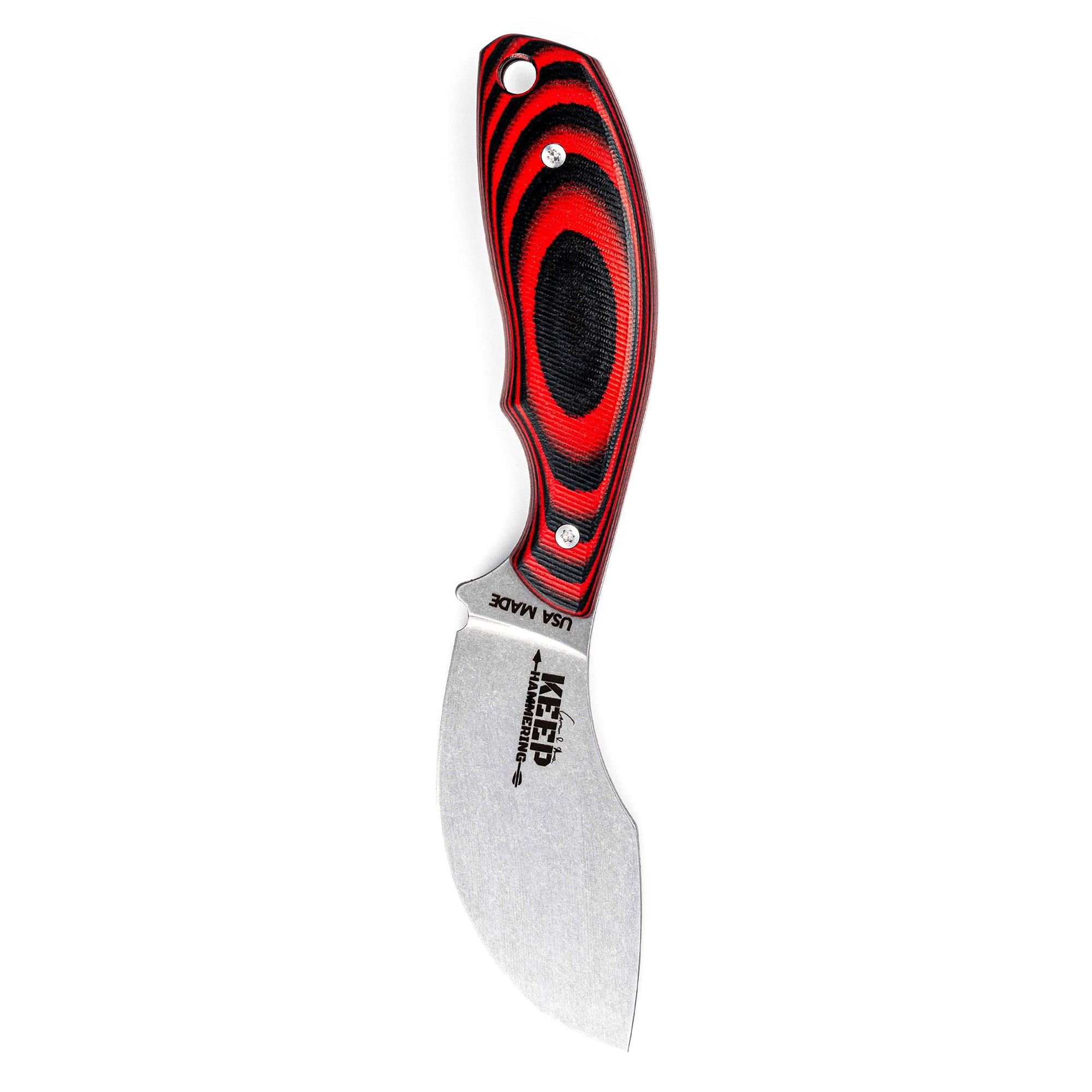 Alt text: "Special edition 'Keep Hammering Packout Skinner' knife featuring a curved blade and a striking red and black layered handle, isolated on a white background."