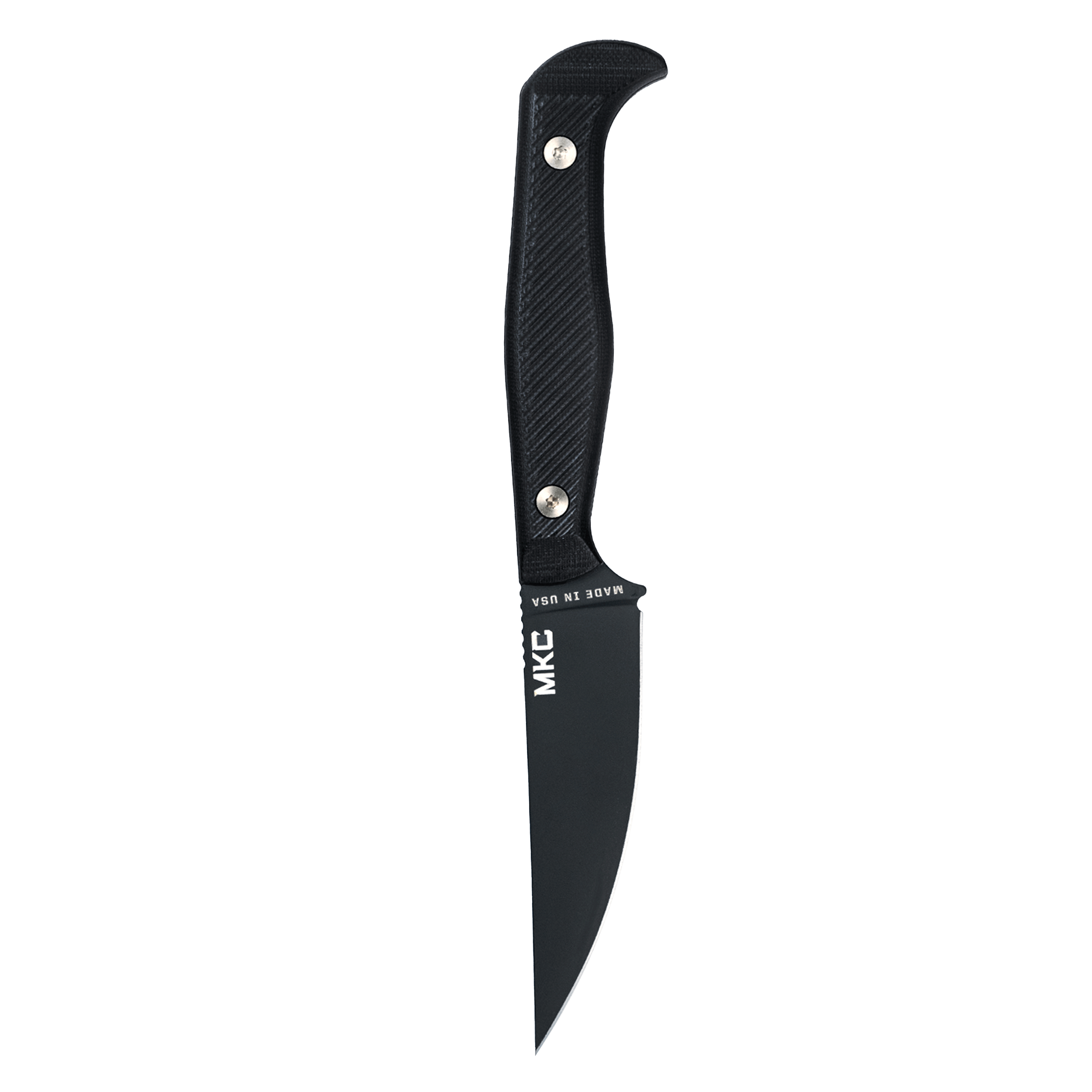 Alt text: "MKC Battle Goat fixed blade knife with a black blade and black carbon fiber handle, displayed on a white background."