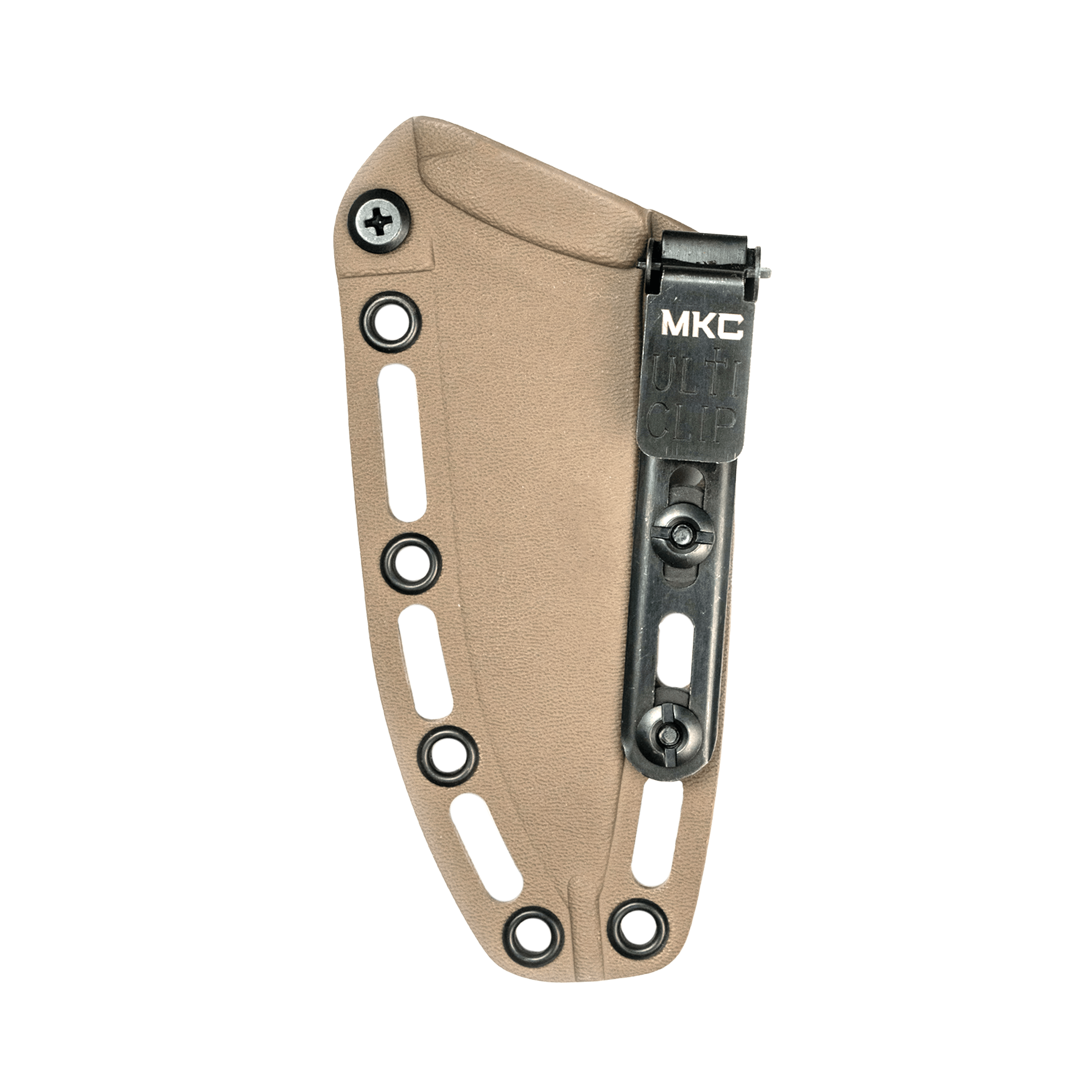 Alt text: "Coyote-colored Kydex sheath, TF24 model, featuring multiple mounting holes and a MKC adjustable belt clip on a black background."